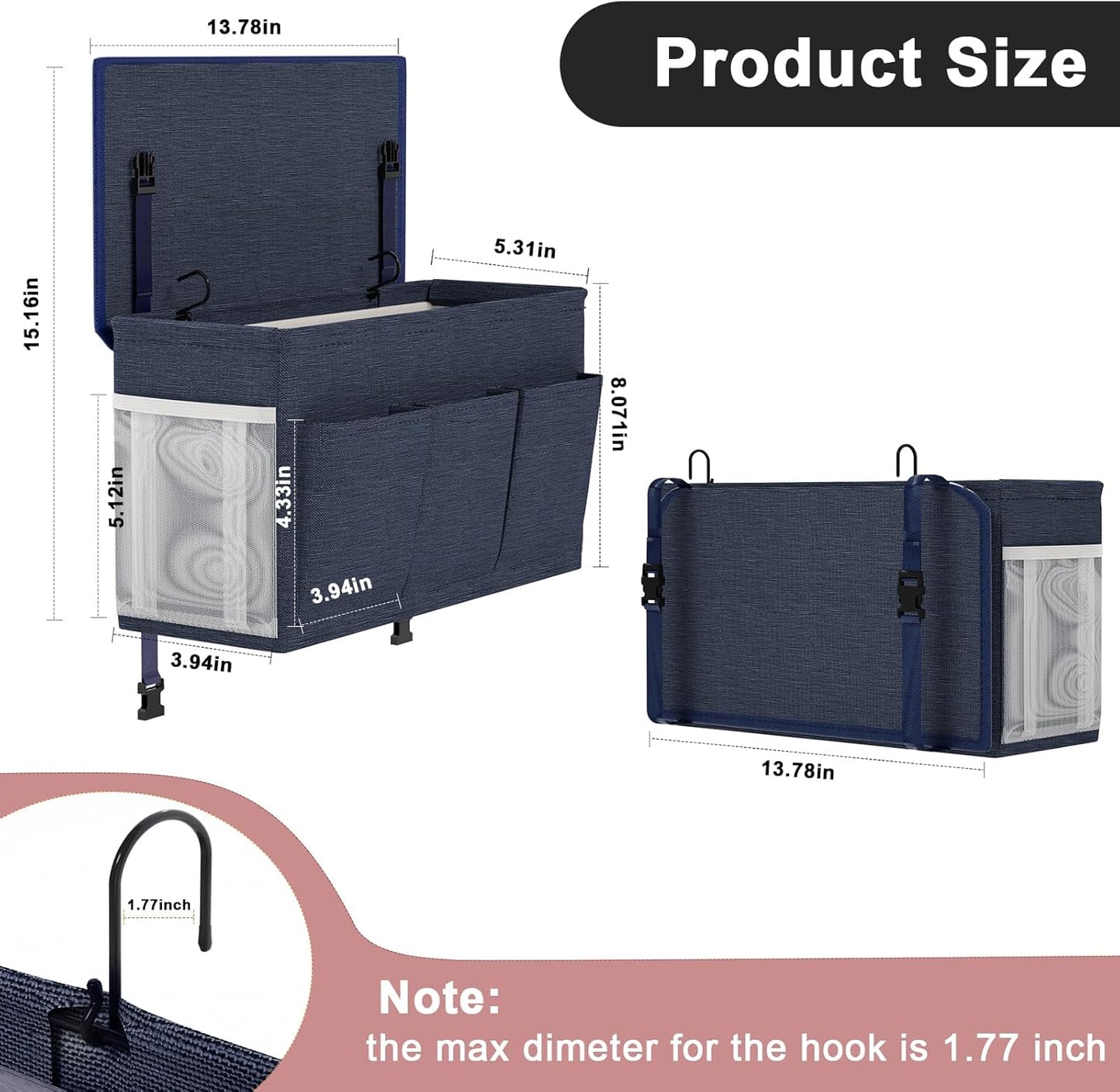 Bedside Caddy Bedside Storage Hanging Organizer for Bunk Dorm Bed Rail | Bed Caddy with Hooks, Top Bunks and Dorm Essentials for Water, Tissues, Tablets, Books, Phones, Remotes and Other Necessories