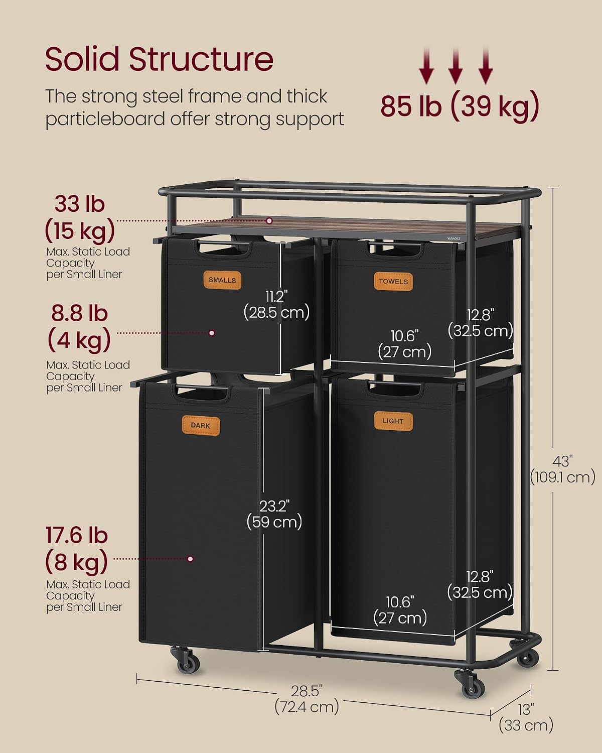 VASAGLE Laundry Sorter with Wheels, 39.6 Gal., 4 Removable Liners | Portable Laundry Cart with Shelf, 150 L, 6 Labels, Ink Black and Chestnut Brown, STEVIE Collection URLS100BH01S