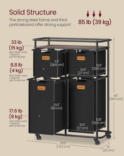 VASAGLE Laundry Sorter with Wheels, 39.6 Gal., 4 Removable Liners | Portable Laundry Cart with Shelf, 150 L, 6 Labels, Ink Black and Chestnut Brown, STEVIE Collection URLS100BH01S
