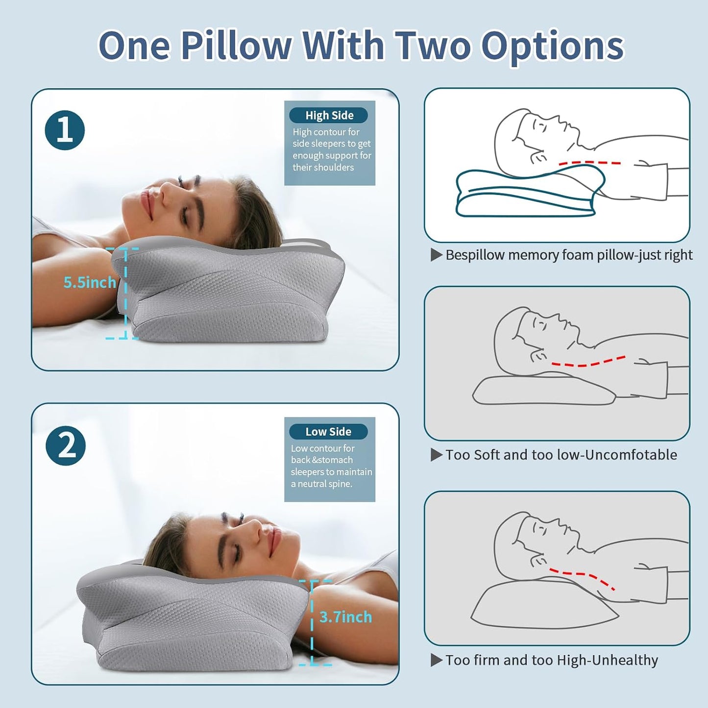 Cervical Neck Pillow for Pain Relief, Contour Memory Foam Pillows for Sleeping, Ergonomic Pillow Orthopedic Cooling Pillow Bed Pillow Neck Support for Side Back Stomach Sleepers（Grey&White