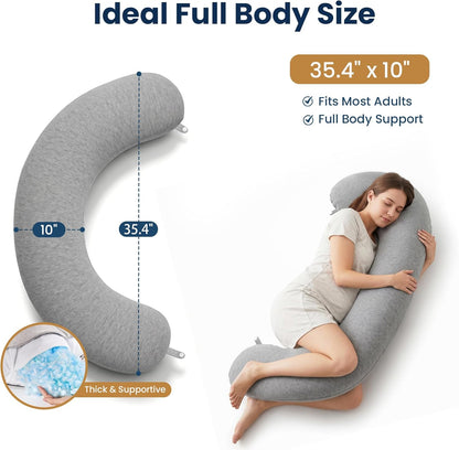 TranquilRelax C Shaped Body Pillow for Side Sleepers, Memory Foam Long Pillow for Leg, Hip & Back Support, Soft Washable Cover,Grey-47"*10"