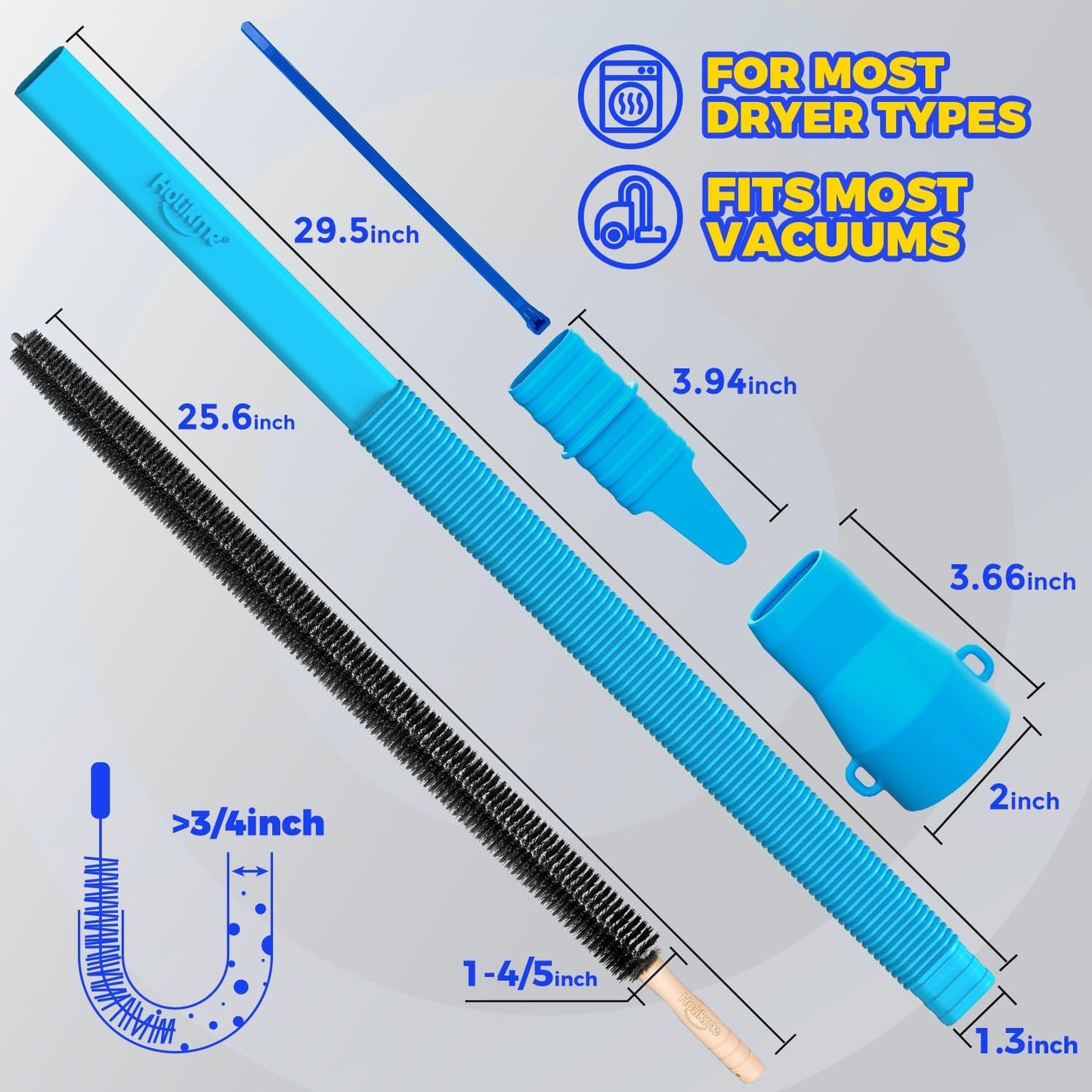 Holikme Dryer Vent Cleaner Kit, Vacuum Hose Attachment, 2-Piece, Black | Adjustable Cable Tie for Easy Attachment, Flexible Lint Brush Removes Lint from Dryer Lint Screens and Tight Spaces