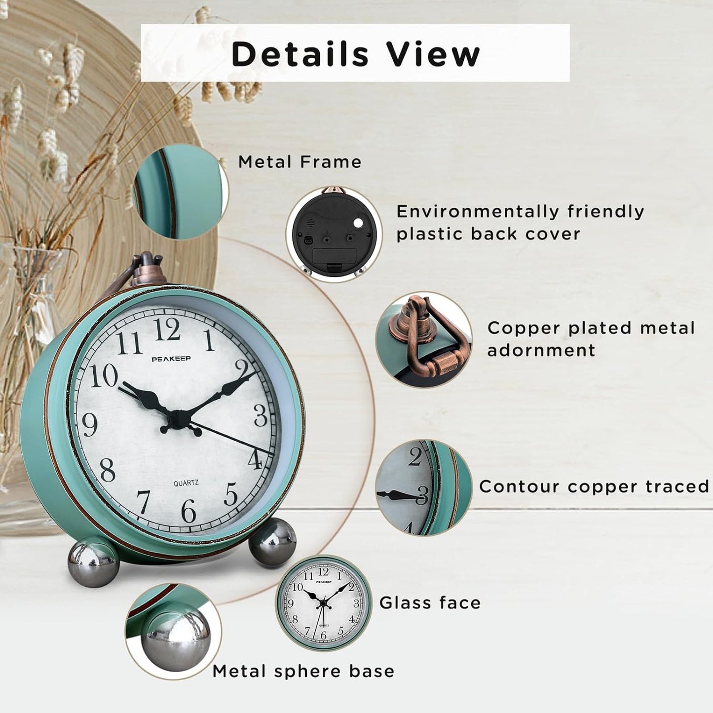 Peakeep 4" Small Battery Operated Antique Retro Analog Alarm Clock | with Contour Lines in Gold for Room Decor, Silent Elegant Bedside Desk Table Gift Clock