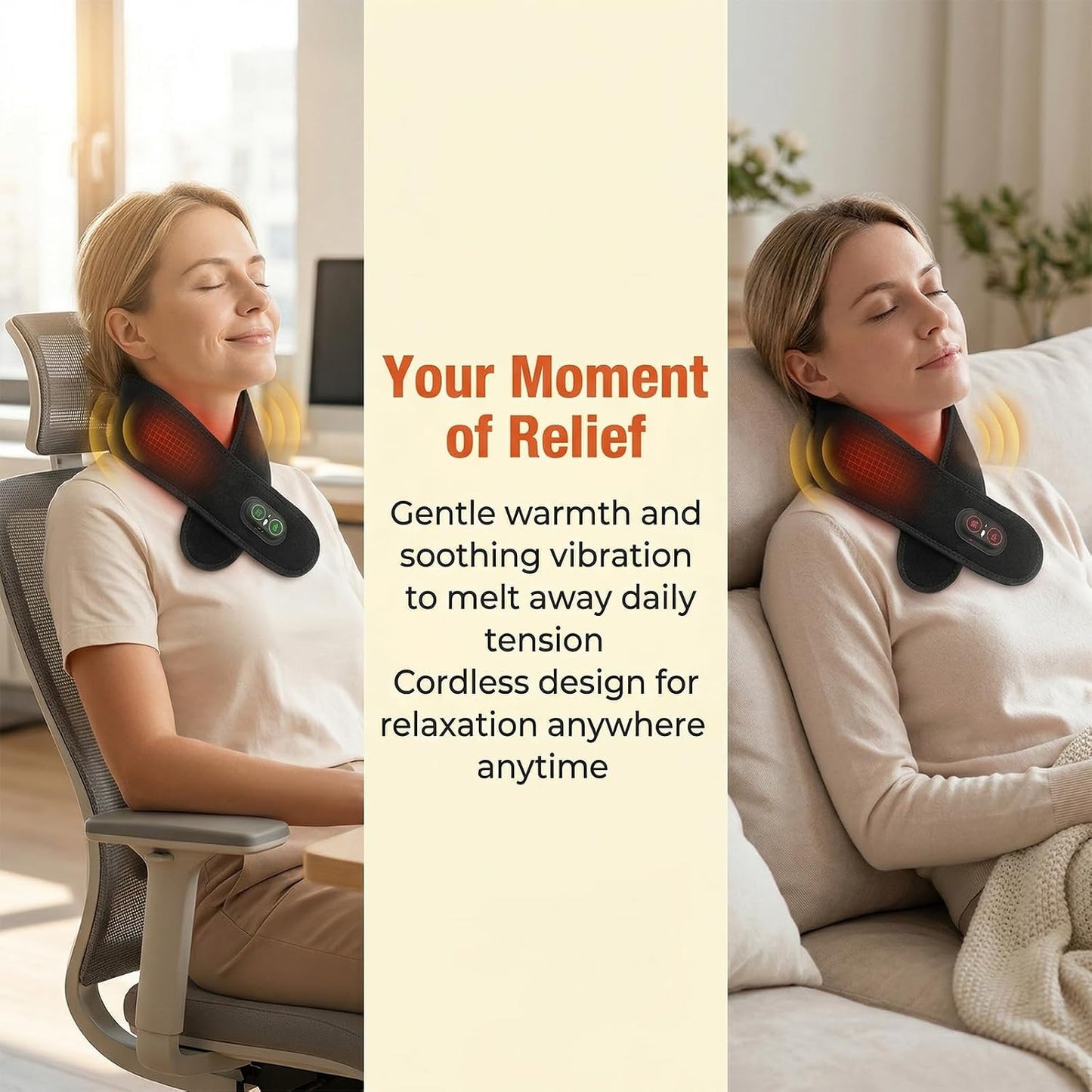 Rechargeable Neck Heating Pad, Cordless Heated Neck Wrap for Home, Office & Travel, 3000mAh Neck Massager with 660nm & 850nm Red Light, 3 Heat & 3 Vibration Levels, Black