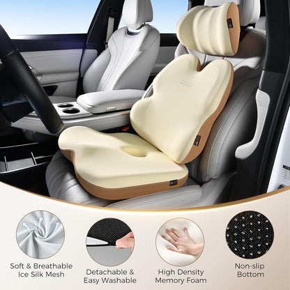 Coverado Lumbar Support Pillow and Seat Cushions for Office Chairs, Memory Foam Orthopedic Coccyx Cushion for Tailbone Pain Cushion Pillow & Back Pain Pressure Relief Seat Cushion Coffee&Beige