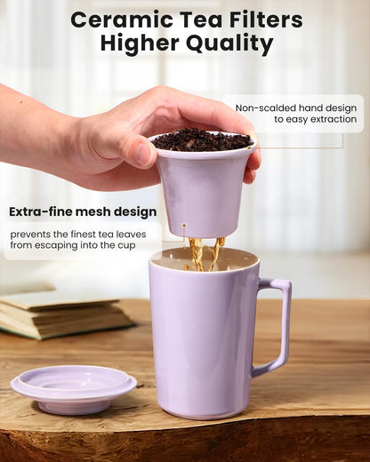15 oz Ceramic Tea Infuser Cup with Lid - Tea Mug with All Porcelain Strainer for Loose Leaf Teas,Microwave and Dishwasher Safe,Metal-Free,BPA-Free for Tea Lovers/Birthday (Black)