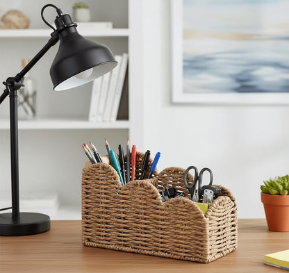 CubesLand Bedside Table Desk Organizer Caddy, Remote Pen&Pencil Holder Cup | Makeup Brush Holder w/Scalloped Perfect for Home, Office Desk, Living Room Table Decor, 3 Slots Neutral