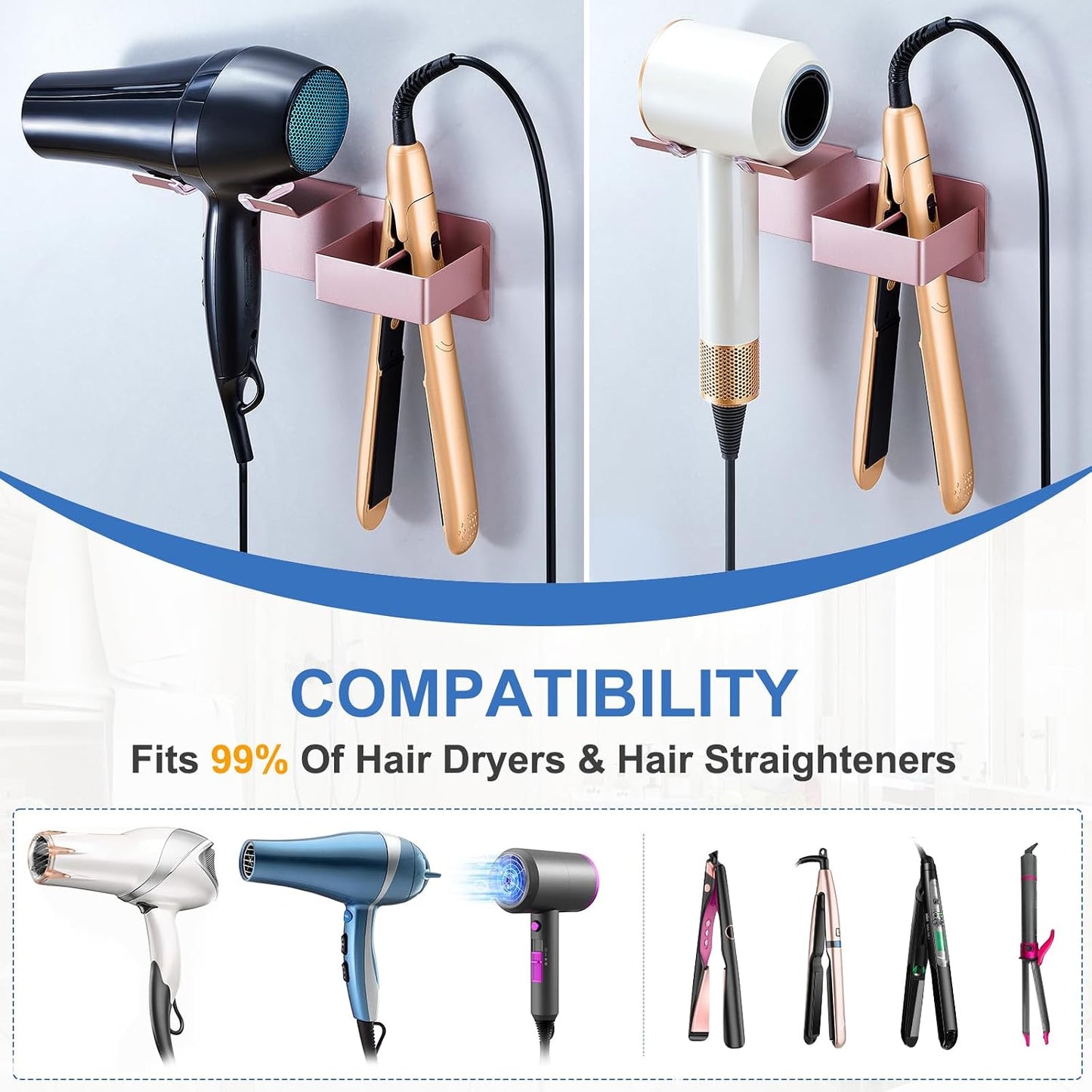 Hair Dryer Holder Wall Mounted, Hair Straightener Holder Metal, Adhesive Blow Dryer and Hair Straightener Holder, Bathroom Bedroom Hair Tool Organizer for Flat Iron,Curling Iron,Hairdryer (White)