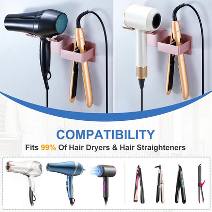 Hair Dryer Holder Wall Mounted, Hair Straightener Holder Metal, Adhesive Blow Dryer and Hair Straightener Holder, Bathroom Bedroom Hair Tool Organizer for Flat Iron,Curling Iron,Hairdryer (White)