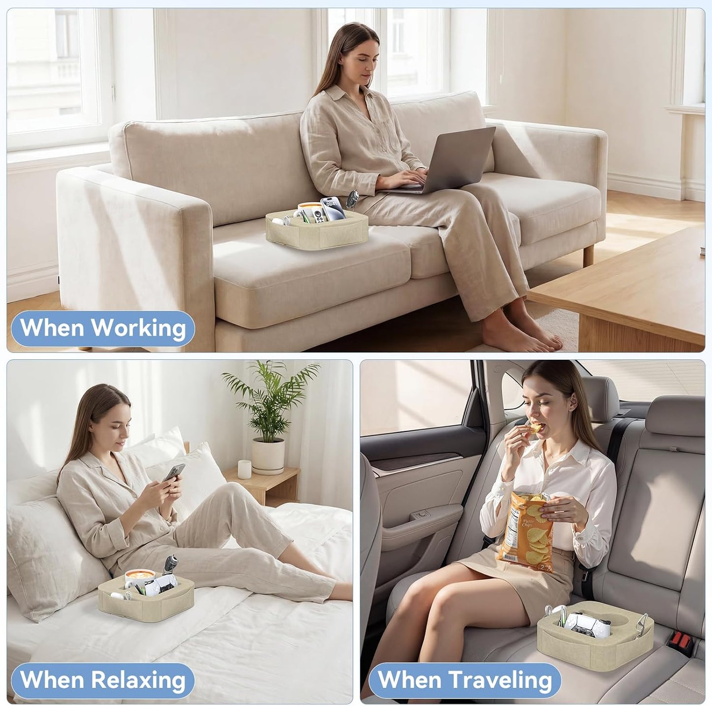 Couch Cup Holder Pillow, Sofa and Bed Caddy for iPad, Kindle, Switch, Game Controller, Remotes, Phones, Small-Sized Cup & Drink Holder for Couch, Bed, Desk, Car, Beach, Bathroom Cup Holder