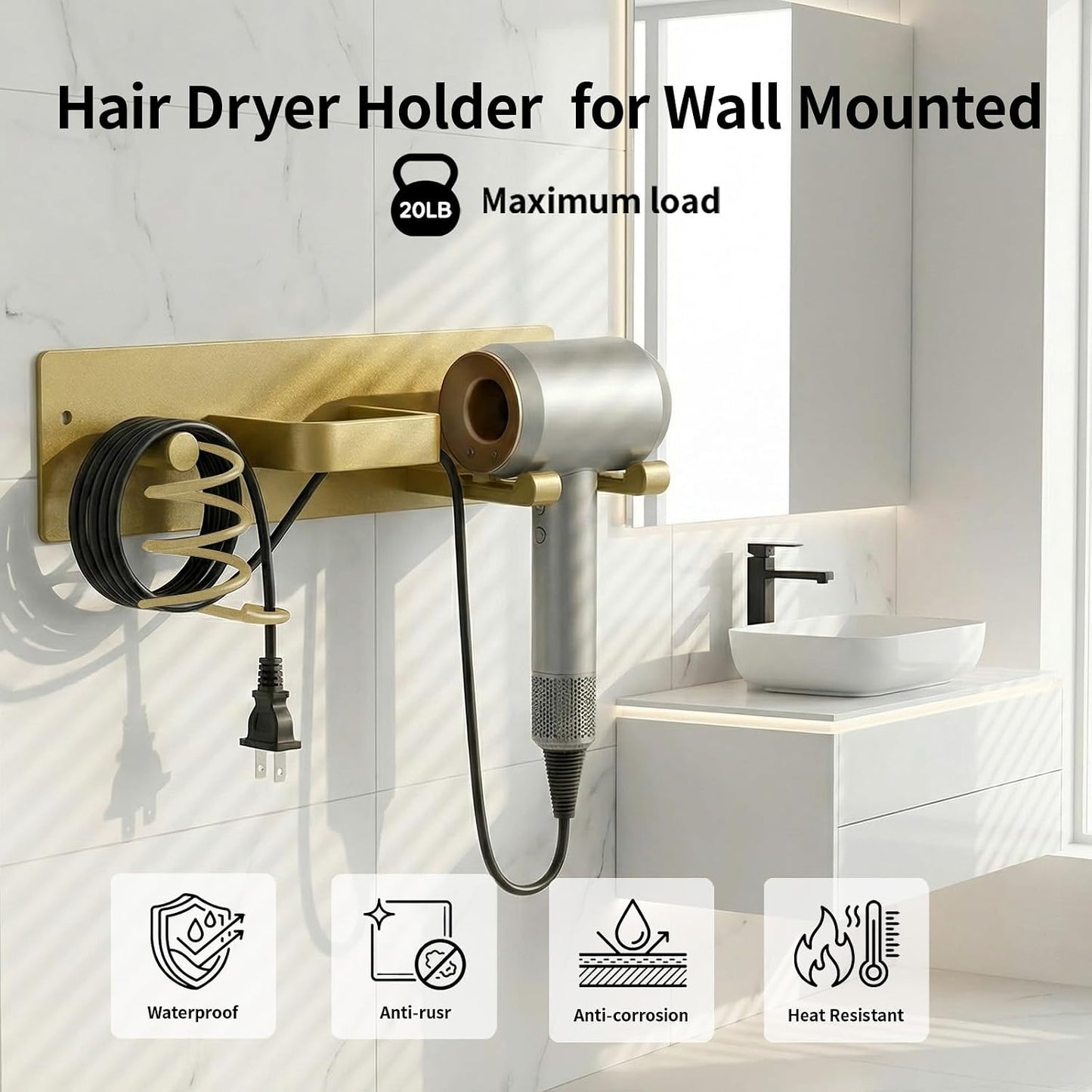 Hair Dryer Holder Hair Tool Organizer Metal Wall Mount (Gold) | Heat Resistant Hair Tool Organizer, Metal Wall Mount Storage, Bathroom Counter Space Saver, Blow Dryer Holder