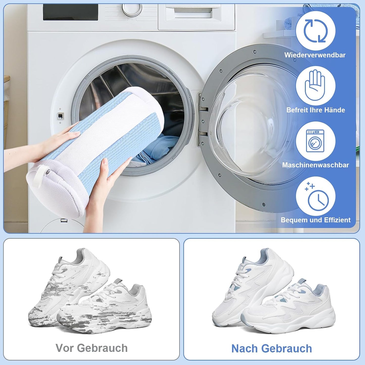 2 PCS Shoe Washing Machine Bags for Washer and Dryer, Grey + White | Reusable Laundry Shoe Bag, Hands Free, Hidden Self-locking Zipper, 360° Deep Cleaning, For Sneakers and All Shoes Types