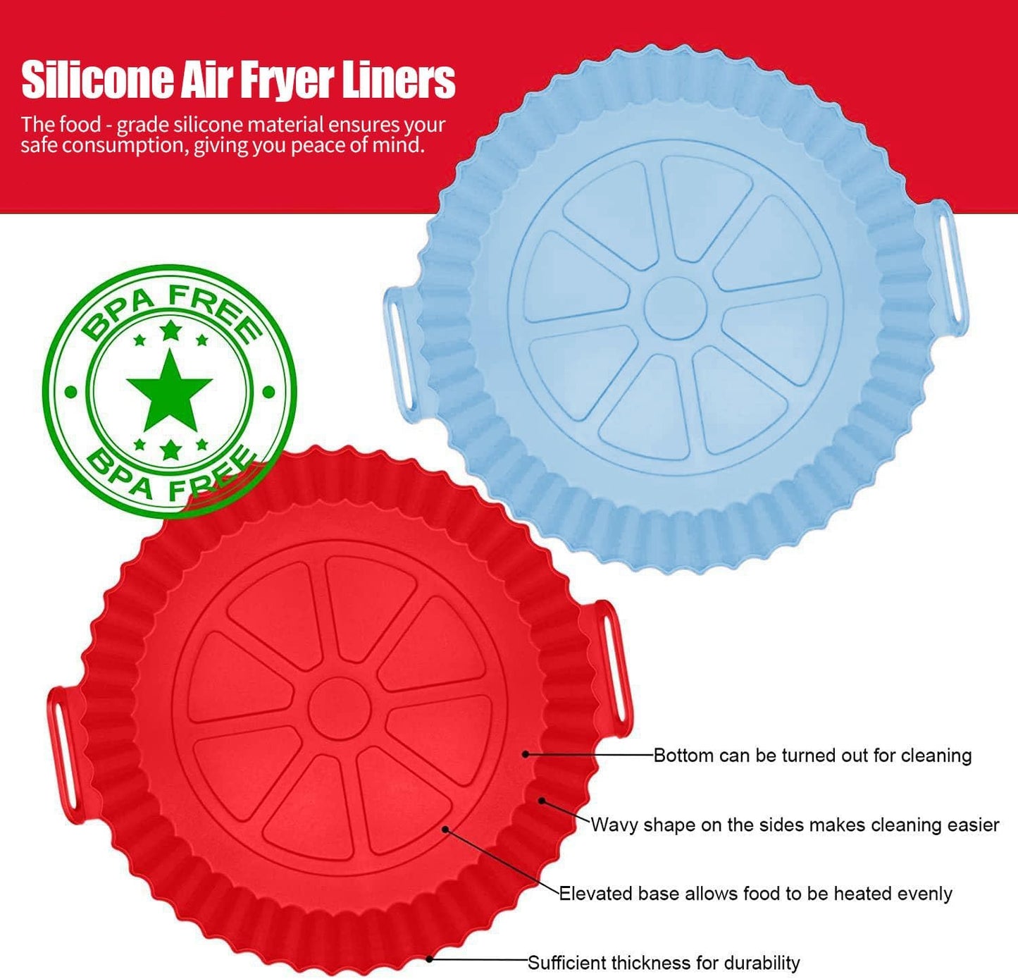 2 Pack Air Fryer Liners,8 Inch Silicone Airfryer Liners,Air Fryer Accessories,Reusable Baking Tray Oven Accessories,Replacement of Flammable Parchment Paper (Red Blue) (Black&Red&Blue)