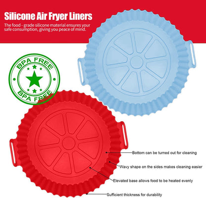 2 Pack Air Fryer Liners,8 Inch Silicone Airfryer Liners,Air Fryer Accessories,Reusable Baking Tray Oven Accessories,Replacement of Flammable Parchment Paper (Red Blue) (Black&Red&Blue)