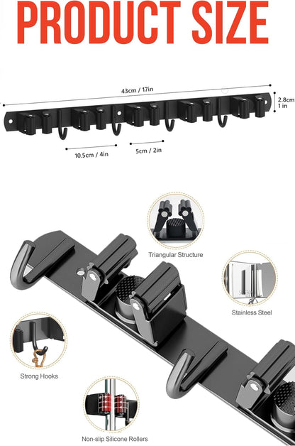 Mop and Broom Holder Wall Mount, Upgraded Broom Hanger Wall Mount, Stainless Steel Broom Organizer for Closet Garage Laundry Room Kitchen Wall Decor(3Racks 4Hooks Black)