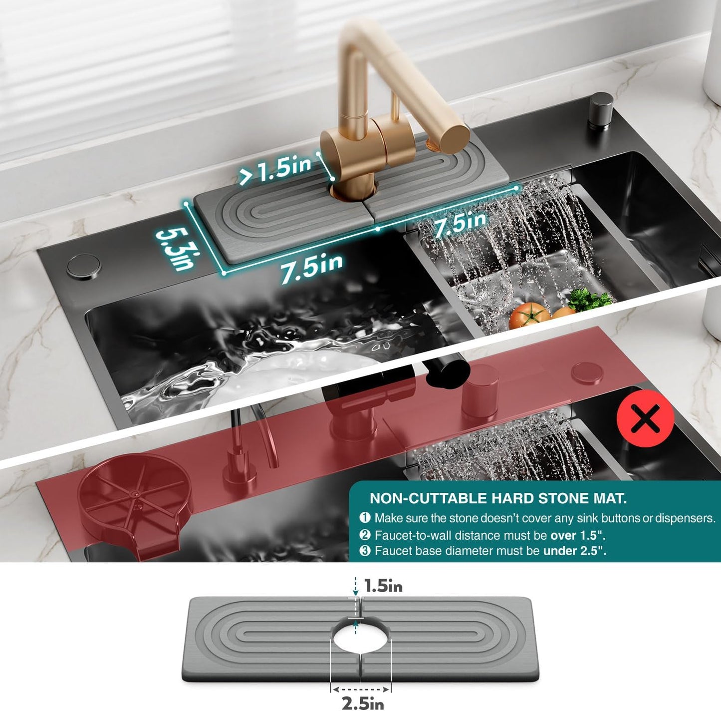 Stone Faucet Mat for Kitchen Sink – Diatomite Drying Stone Mat & Sink Protector, Prevents Moisture – Sink Splash Guard Water-Absorbing Stone Tray for Bathroom Counter (Light Grey, 20" x 3.9")