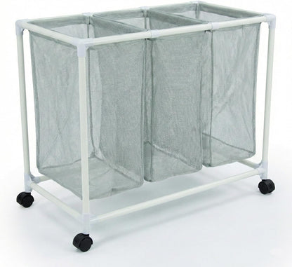 3 Section Laundry Hamper with Wheels & Lid, Large Rolling Laundry Basket Organizer, Durable Mesh Bags for Laundry Room Organizer, Easy Assembly, 29.5L x 19W x 30.5H Inches