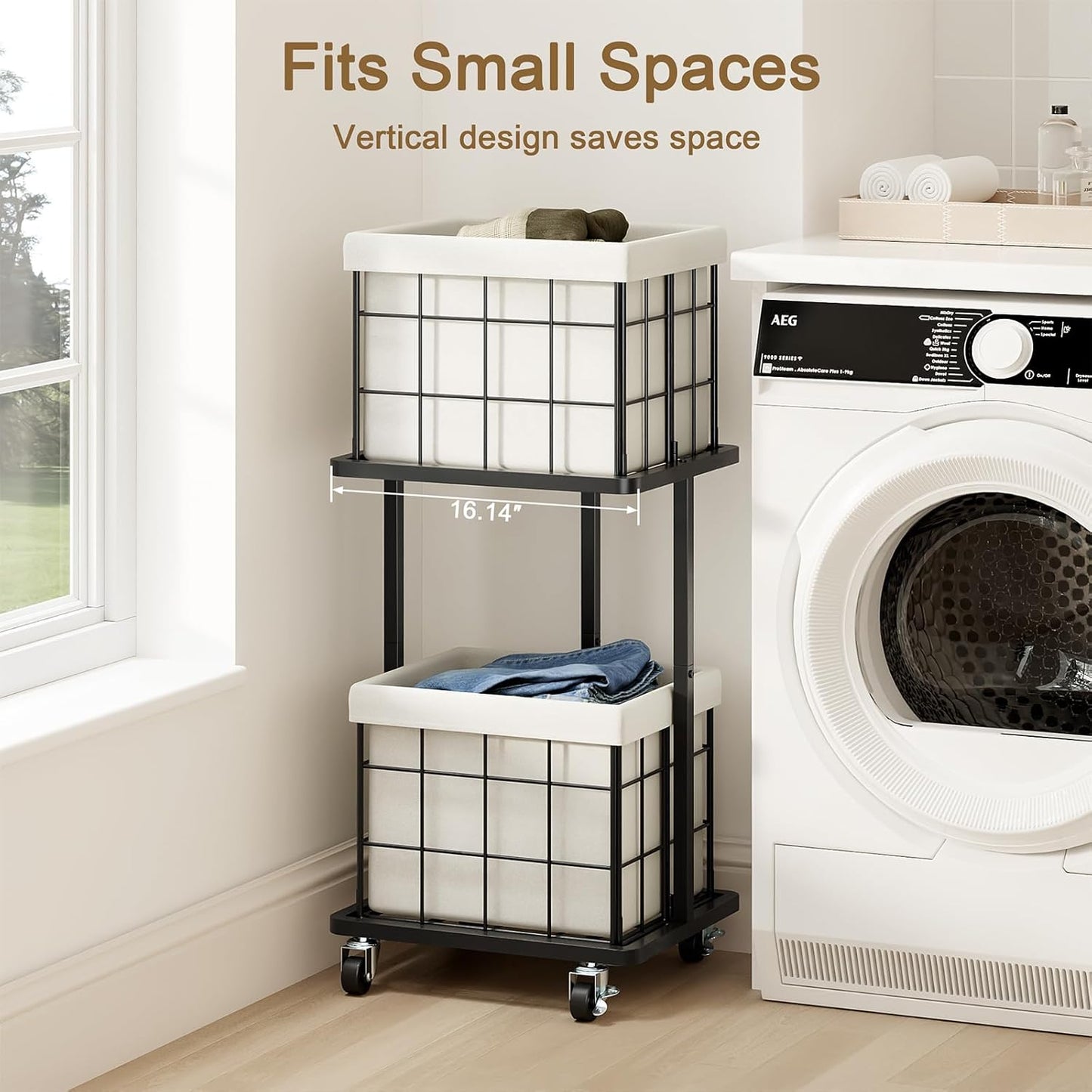 120L Vertical Laundry Sorter,3 Tier Metal Rolling Laundry Basket | Slim Tall Laundry Hamper 3 Section with wheels and 3 Removable Bags for Small Spaces, Dorm, Bathroom, Laundry Room, White