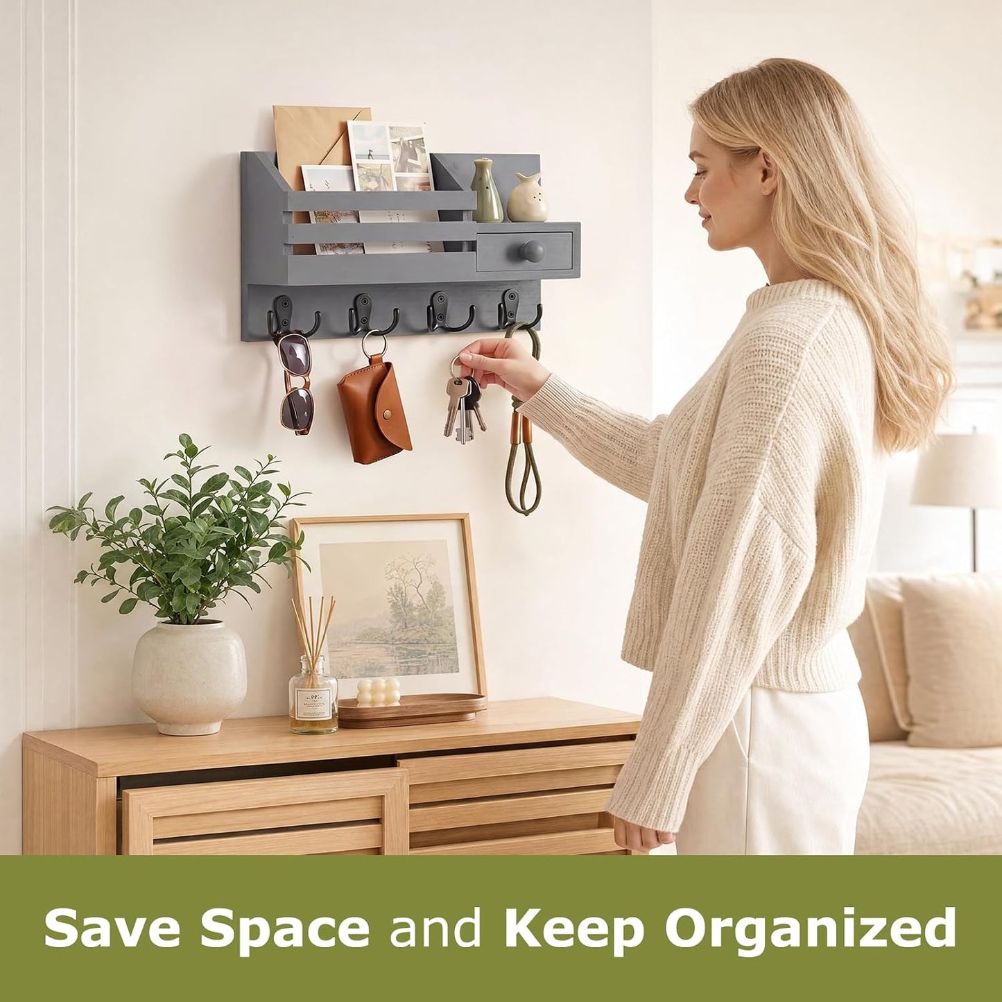 Key Holder Wall Mount, Wooden Key and Mail Organizer, Black | 2 Mount Options, Includes 8 Hooks, Fence Mail Slot, Small Drawer and Shelf, for Entryway, Hallway, Doorway, Living Room, RV