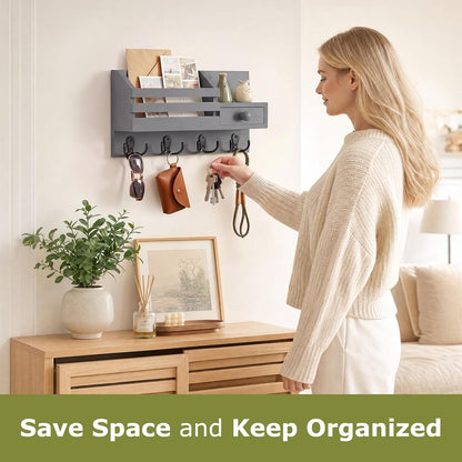 Key Holder Wall Mount, Wooden Key and Mail Organizer, Black | 2 Mount Options, Includes 8 Hooks, Fence Mail Slot, Small Drawer and Shelf, for Entryway, Hallway, Doorway, Living Room, RV