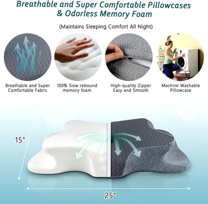 CHxxy Memory Foam Pillows, Cervical Pillow for Neck & Shoulder Pain Relief | Ergonomic Contour Bed Pillow, Soft for Side Sleep Stomach Sleeping and Back Sleeper-Queen Size&Grey
