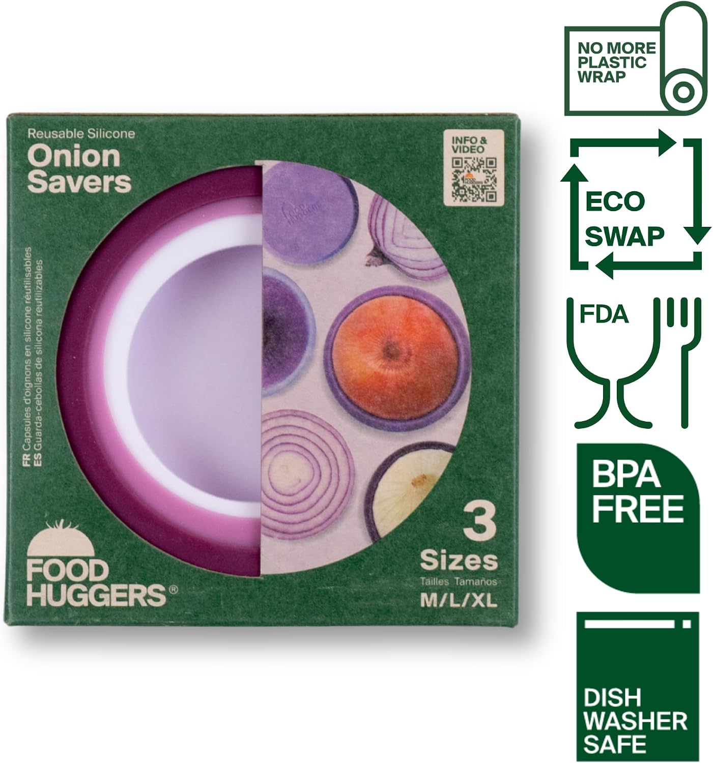 Food Huggers Onion Hugger - Onion Storage & Saver BPA Free Silicone Snug Fit Containers Perfect Holder & Keeper for Refrigerator to Keep Your Onions Fresh Longer - Set of 3