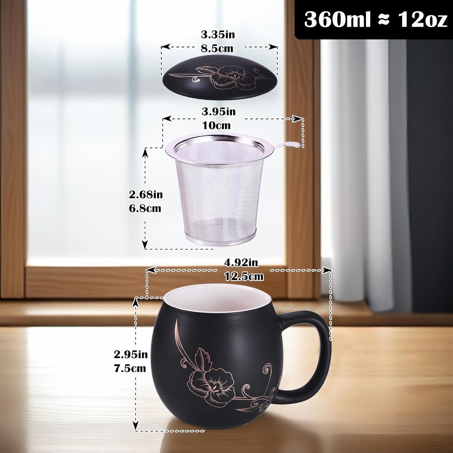 Yundu 12 OZ Matte Purple Ceramics Teacup with Infuser and Lid, Mug with Lid for Steeping - Stainless Steel Infuser for Loose Leaf Tea, Home Office Gift for Tea Lovers
