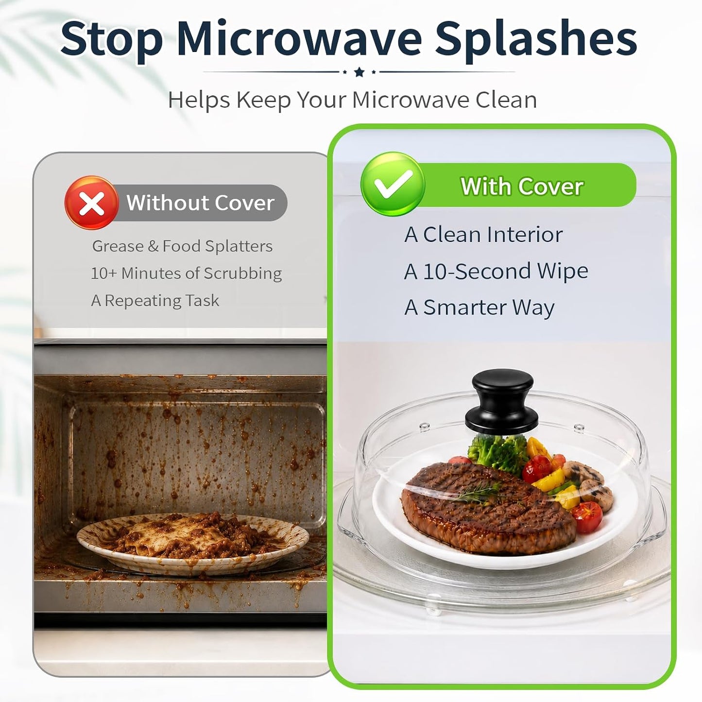 Glass Microwave Cover for Food, Tall Microwave Splatter Cover with Silicone Mat, Vent Holes, BPA Free, Dishwasher Safe, 10 Inch, High Borosilicate Glass Plate Lid with Side Tabs