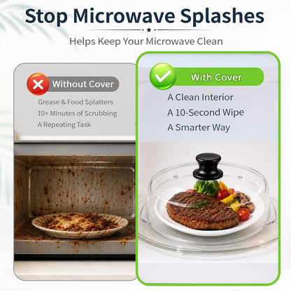 Glass Microwave Cover for Food, Tall Microwave Splatter Cover with Silicone Mat, Vent Holes, BPA Free, Dishwasher Safe, 10 Inch, High Borosilicate Glass Plate Lid with Side Tabs