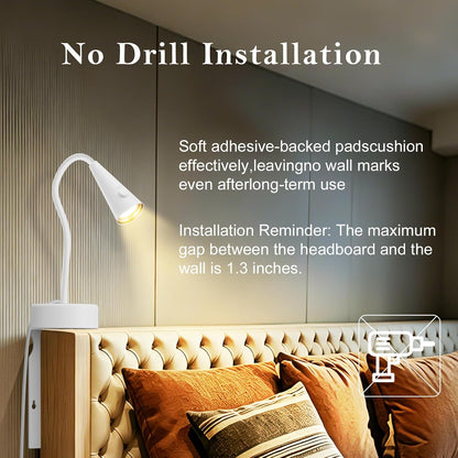 Headboard Reading Light, Black Bedside Lamp, No-Drill Book Light for Bedtime Reading, Dimmable LED, Flexible Gooseneck, 360°Adjustable, Plug-in Reading Lamp Movable-1 Pack