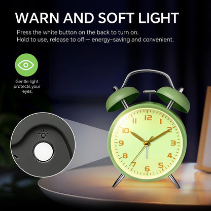 4.5" Metal Loud Alarm Clock for Heavy Sleepers Adults, Analog Battery Operated Alarm Clock with Bells Glow in Dark Numbers, Silent Old School Bedside Desk Clock for Bedroom Office Kids, Black