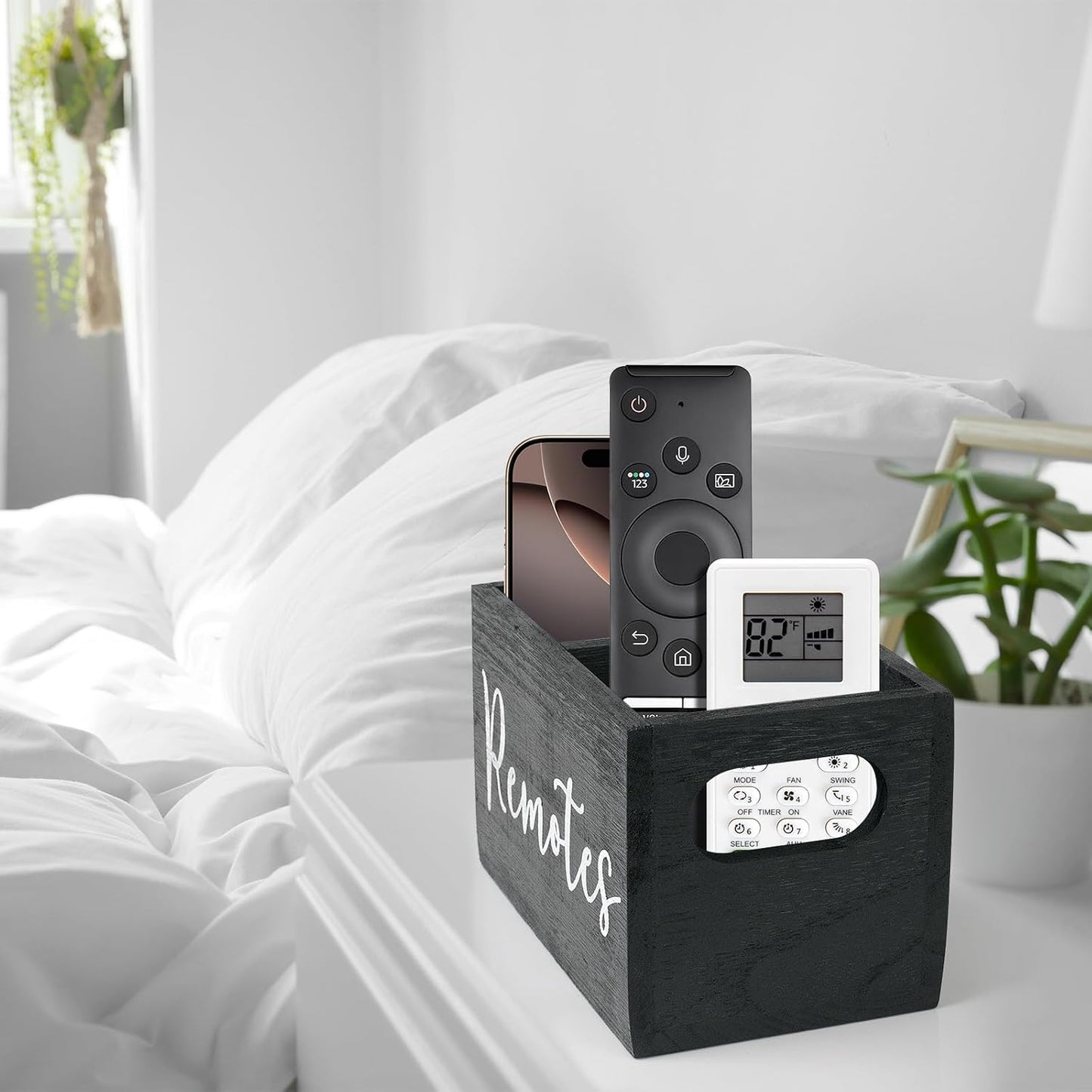 360° Rotating Remote Control Holder, Wooden TV Remote Holder for Table, Desk Organizer Caddy Media Storage Box for Living Room,Nightstand,Couch (Black)