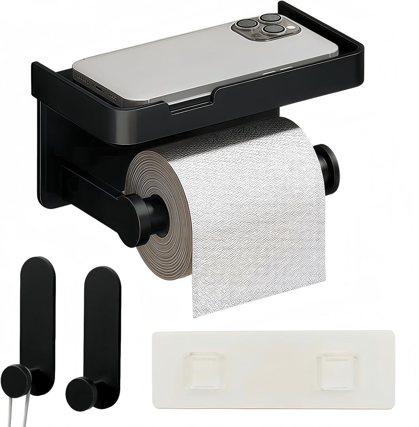 Adhesive Toilet Paper Holder and 2 Metal Hooks Combo - Rustproof Aluminum with Extra Adhesive Pads for Easy Replacement of Positions,Matte Black Toilet Paper Holder with Shelf(Wall Mount)