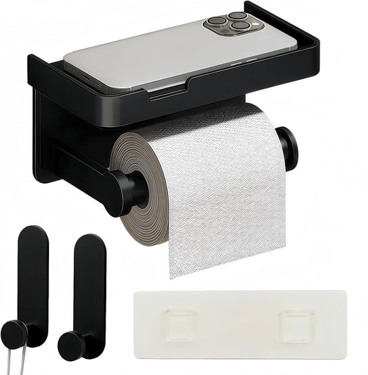Adhesive Toilet Paper Holder and 2 Metal Hooks Combo - Rustproof Aluminum with Extra Adhesive Pads for Easy Replacement of Positions,Matte Black Toilet Paper Holder with Shelf(Wall Mount)
