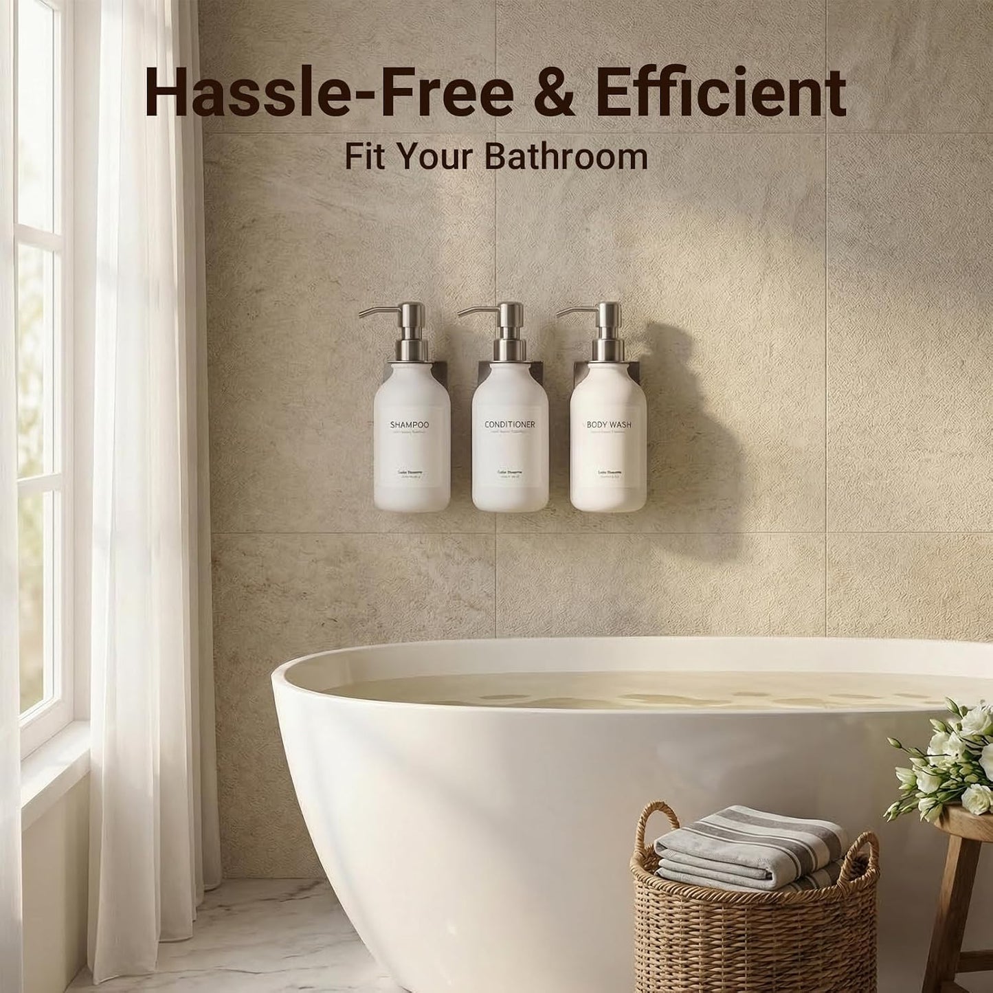 Shampoo and Conditioner Dispenser - Shower Soap Dispenser 3 Chamber No Drill - Bathroom Soap Dispenser Wall Mount Adhesive - Clear PET Bottles with Nature Bamboo Pumps Set Refillable 1500ml