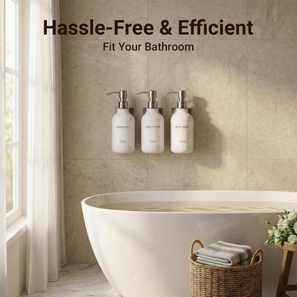 Shampoo and Conditioner Dispenser - Shower Soap Dispenser 3 Chamber No Drill - Bathroom Soap Dispenser Wall Mount Adhesive - Clear PET Bottles with Nature Bamboo Pumps Set Refillable 1500ml