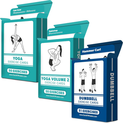 3 Pack - Exercise Cards - Yoga Poses Volume 1 & 2 + Dumbbell Exercises - Yoga Positions and Dumbbell Workout Fitness Cards - 2.5" x 3.5"