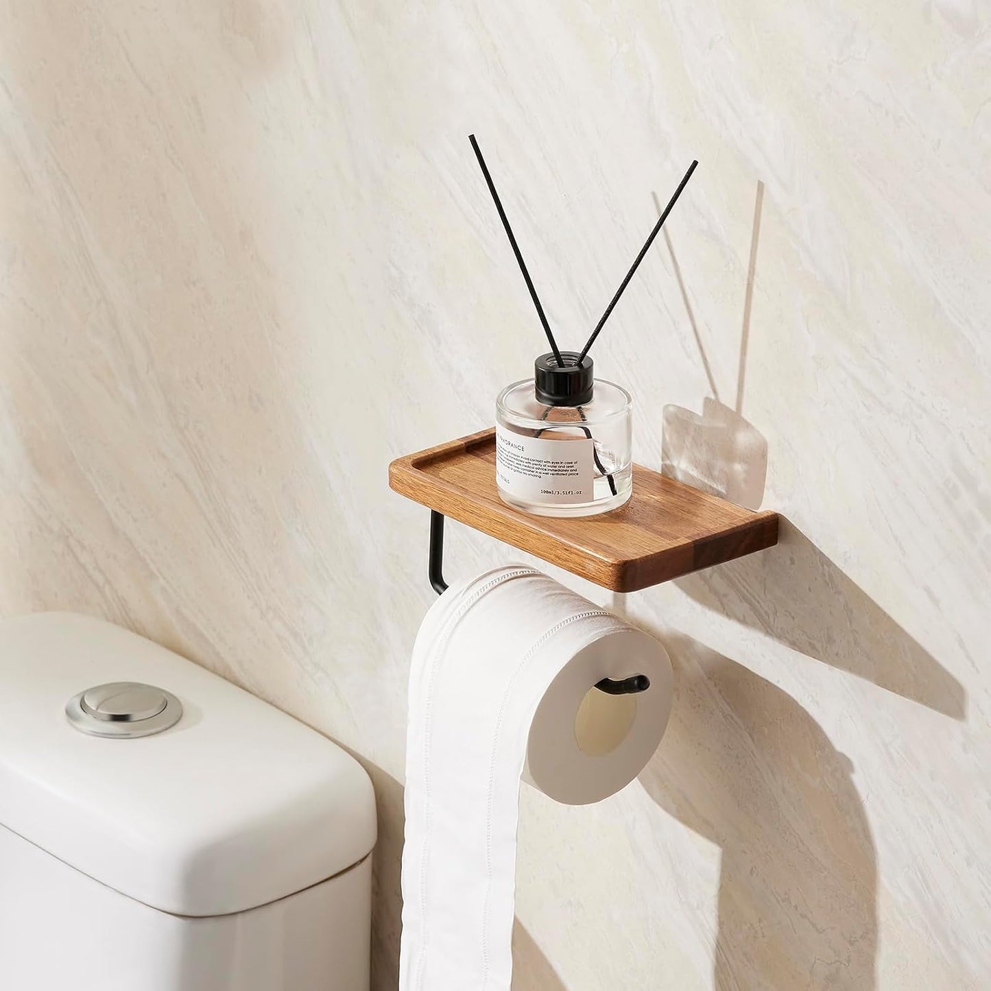 Toilet Paper Holder with Shelf: Wall Mount Bathroom Tissue Storage | Acacia Wood Shelf w/Adhesive/Screw - Matte Black Aluminum Alloy Bathroom Accessories Wood Shelf for Phone Wipes