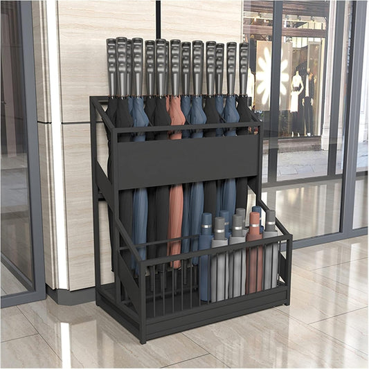 Commercial Metal Umbrella Stand Umbrella Holder, Corridor Entrance Umbrella Basket for Hotel School Cafe-with Drip Tray, Storage 30 Umbrellas (Color : Black)