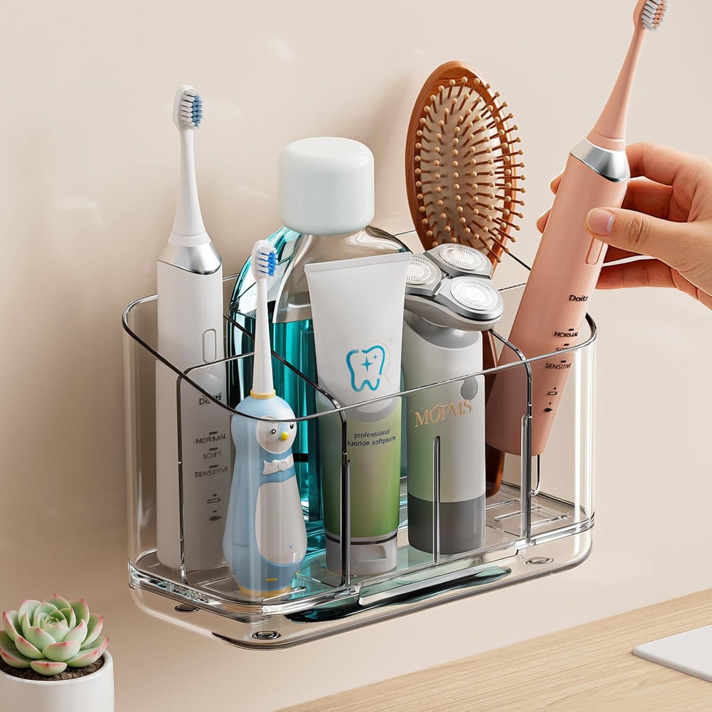 MOPMS Toothbrush Holders for Bathrooms with 5 Slots Adjustable Dividers | Electric Tooth Brush and Toothpaste Holder with Drain Tray for Easy Clean, Wall Mounted & Countertop Organizer for Shower