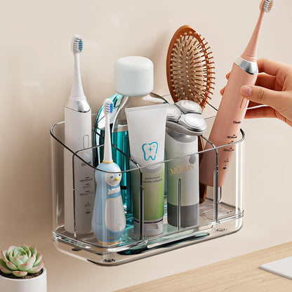 MOPMS Toothbrush Holders for Bathrooms with 5 Slots Adjustable Dividers | Electric Tooth Brush and Toothpaste Holder with Drain Tray for Easy Clean, Wall Mounted & Countertop Organizer for Shower