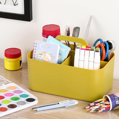 Multiuse Caddy Organizer with Handle, Portable Divided Plastic Tote Bin - Art Craft, Stationary Pen Marker Crayons, Makeup Hair Supplies Storage - Bathroom, Classroom, Dorm, Office, Desk Holder - Grey