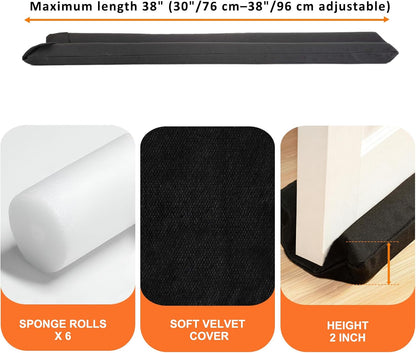 Under Door Draft Stopper 30-38" Adjustable Wind Stopper for Door & Window, Foam Door Sweep Air & Noise Blocker for Bottom of Doors Double Side Seal - Black