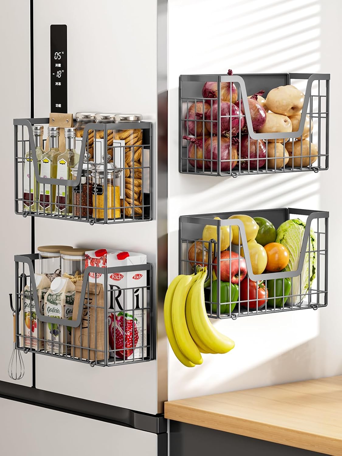 Magnetic Shelf for Fridge, Fruit Basket Magnet Shelves with 2 Hooks | Potato and Onion Storage Bins, Black Magnetic Organizer Side of Fridge Storage, Magnetic Spice Rack for Refrigerator Kitchen