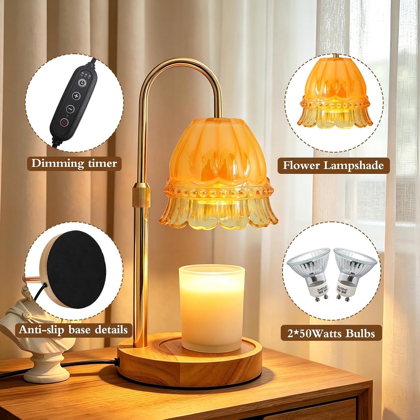 Candle Warmer Lamp with Timer,Birthday Gifts for Women Home Decor | Timer Dimmable,Height Adjustable,Glass Lampshade,Holiday Gift,Includes 2 Bulbs