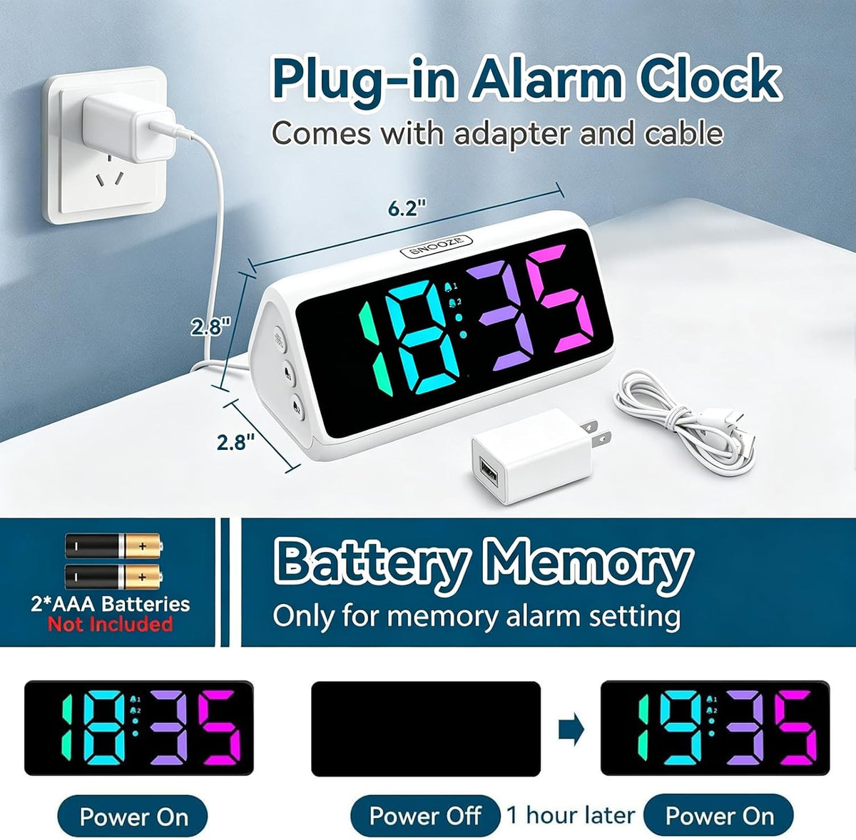 Netzu Loud Alarm Clock for Heavy Sleepers, RGB Alarm Clocks for Bedrooms Seniors Kids, Plug in Digital Clock with 5 Dimmers, 2 Alarms, 4 Volumes and Snooze