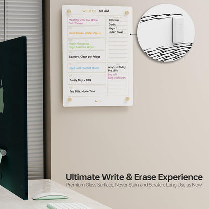 Yeoux Clear Glass Golden Weekly & Menu Dry Erase Calendar Board 15“x11 | Wall Mount, Non-Magnetic, Meal Planning & Grocery Shopping List Whiteboard for Kitchen & Home, 4 Markers