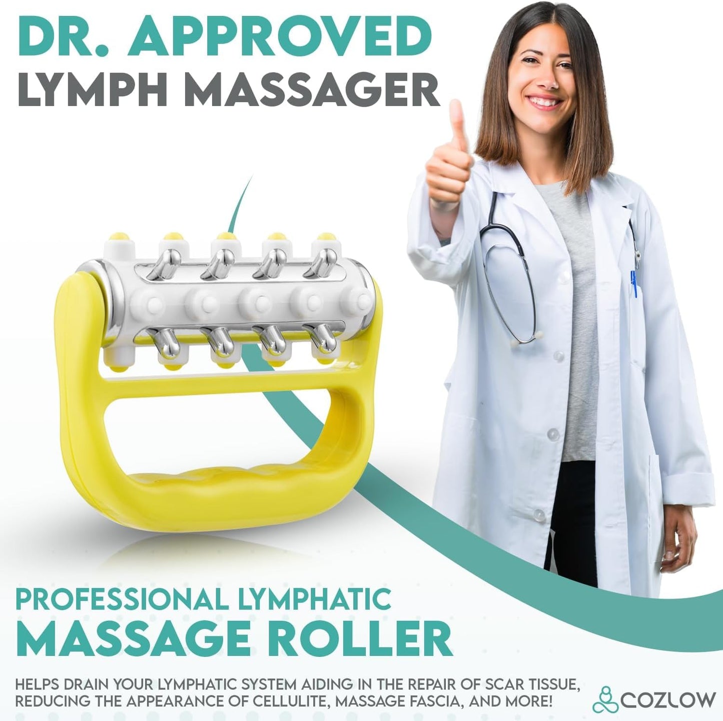 Handheld Lymphatic Drainage Massager - May Reduce Appearance of Cellulite | Cozlow manual massage tool w/ 7 rolling balls, helps support lymph system care, promotes healthy circulation & smoother skin