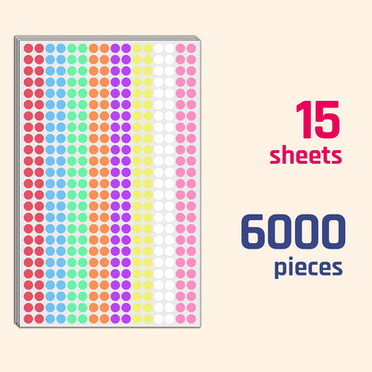 6000 Pack - 1/4" Small Colored Dot Stickers Round Labels, 8 Colors
