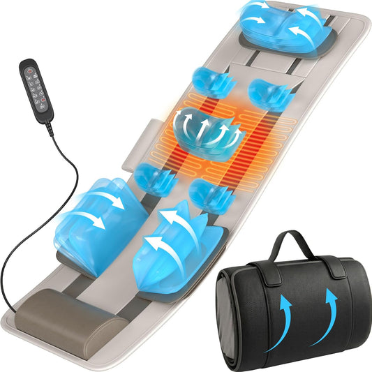 YENING Full Body Massage Mat with Airbags, Air Compression Stretching Mat with Heat for Bed Floor, Neck Lumbar Traction Pad for Pain Relief, Foldable Massage Mattress Topper, 5'1"-6'0"